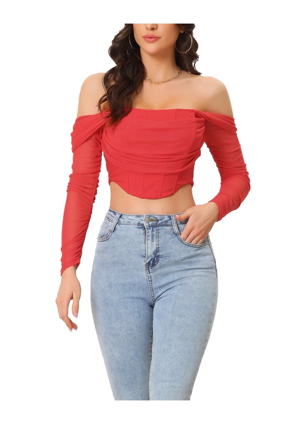 Mesh Sheer Long Sleeve Corset Crop Top for Women Ruched Off Shoulder Blouse Push Up Party Boned Bustier XS Red