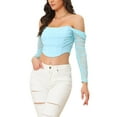 thumbnail image 1 of INSPIRE CHIC Mesh Sheer Long Sleeve Corset Crop Top for Women Ruched Off Shoulder Blouse Push Up Party Boned Bustier S Light Blue, 1 of 6