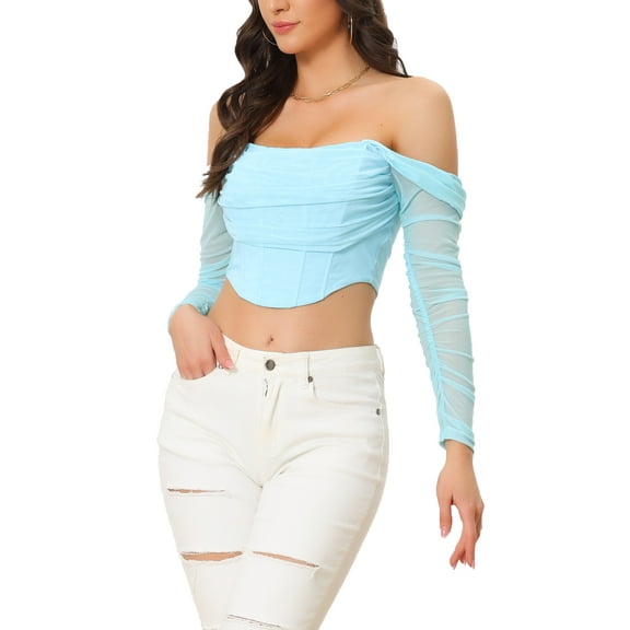 INSPIRE CHIC Mesh Sheer Long Sleeve Corset Crop Top for Women Ruched Off Shoulder Blouse Push Up Party Boned Bustier S Light Blue