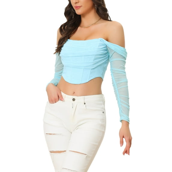 INSPIRE CHIC Mesh Sheer Long Sleeve Corset Crop Top for Women Ruched Off Shoulder Blouse Push Up Party Boned Bustier S Light Blue