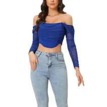 Allegra K Mesh Sheer Long Sleeve Corset Crop Top for Women Ruched Off Shoulder Blouse Push Up Party Boned Bustier