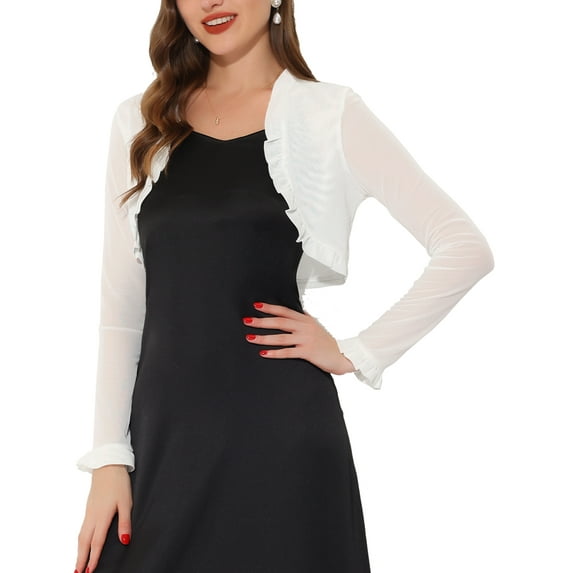 INSPIRE CHIC Mesh Shrug for Women's Ruffled Open Front Cropped Cardigan XS White