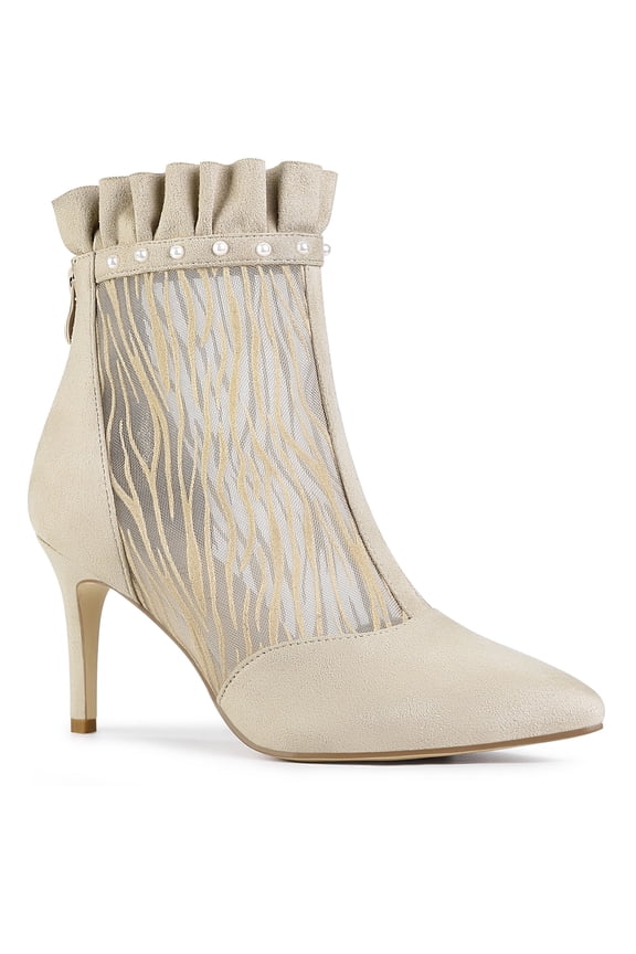 Women's Ankle Boots Mesh Stiletto High Heels Ruffle Faux Suede Zebra Pattern Booties Beige 7.5