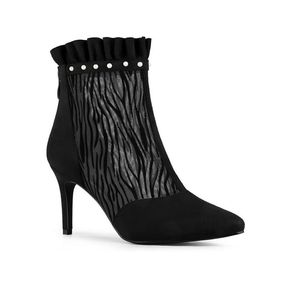 BLISSFUL STEP Women's Ankle Boots Mesh Stiletto High Heels Ruffle Faux Suede Zebra Pattern Booties Black 10