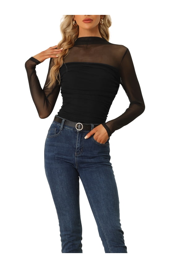 Mesh Top for Women's Solid Long Sleeve Mock Neck Sheer Panel with Side Shirring M Black