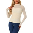 thumbnail image 1 of INSPIRE CHIC Mesh Top for Women's Solid Long Sleeve Mock Neck Sheer Panel with Side Shirring S Beige, 1 of 5