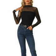 INSPIRE CHIC Mesh Top for Women's Solid Long Sleeve Mock Neck Sheer Panel with Side Shirring XS Black