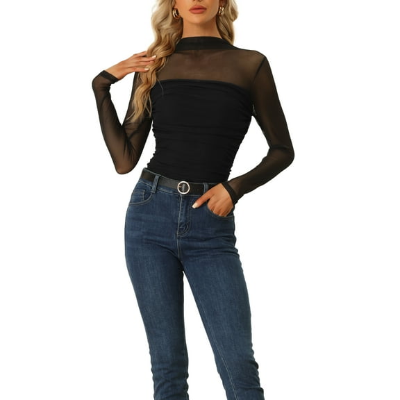 INSPIRE CHIC Mesh Top for Women's Solid Long Sleeve Mock Neck Sheer Panel with Side Shirring XS Black