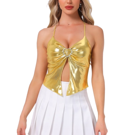 INSPIRE CHIC Women's Top Metallic Backless Cami Asymmetrical Spaghetti Straps Halter Sparkle Tank Top M Gold