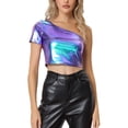 thumbnail image 1 of INSPIRE CHIC Metallic Crop Top for Women's Short Sleeve One Shoulder Shinny Holographic Clubwear Party Tops, 1 of 5