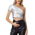thumbnail image 1 of INSPIRE CHIC Metallic Crop Top for Women's Short Sleeve One Shoulder Shinny Holographic Clubwear Party Tops, 1 of 5
