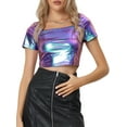 thumbnail image 1 of INSPIRE CHIC Metallic Crop Top for Women's Square Neck Short Sleeve Shiny Tops XL Blue Purple, 1 of 6