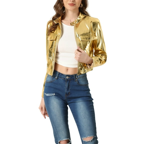 INSPIRE CHIC Metallic Cropped Jacket for Women's Stand Collar Zip Up Shiny Biker Holographic Jackets