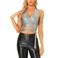 thumbnail image 1 of INSPIRE CHIC Metallic Halter Neck Top for Women's Deep V Neck Backless Holographic Crop Tops M Black Silver, 1 of 6