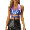 thumbnail image 1 of INSPIRE CHIC Metallic Halter Neck Top for Women's Deep V Neck Backless Holographic Crop Tops XS Blue Purple, 1 of 6