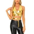 thumbnail image 1 of INSPIRE CHIC Metallic Halter Neck Top for Women's Deep V Neck Backless Holographic Crop Tops M Gold, 1 of 6