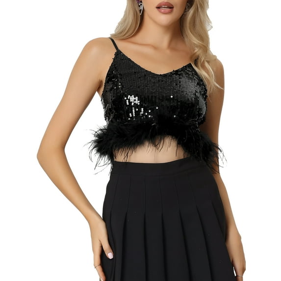 INSPIRE CHIC Women's Top Metallic Glitter Sequin Crop Sparkle V Neck Sleeveless Party Club Tops M Black