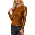 thumbnail image 1 of INSPIRE CHIC Women's Shiny Top Long Sleeve Round Neck Regular Fit Sparkly Evening Blouse L Dark Orange, 1 of 6