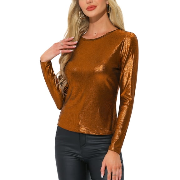 INSPIRE CHIC Women's Shiny Top Long Sleeve Round Neck Regular Fit Sparkly Evening Blouse S Dark Orange