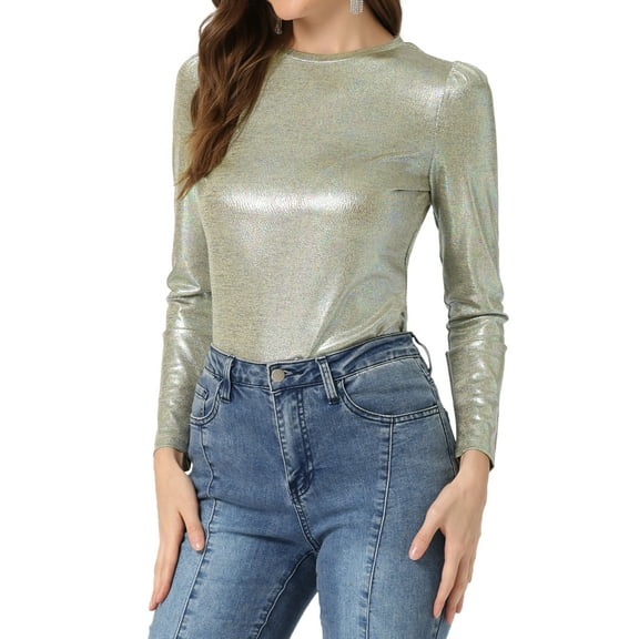 INSPIRE CHIC Women's Shiny Top Long Sleeve Round Neck Regular Fit Sparkly Evening Blouse S Silver Shiny