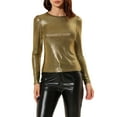 thumbnail image 1 of INSPIRE CHIC Women's Shiny Top Long Sleeve Round Neck Regular Fit Sparkly Evening Blouse XS Black Gold, 1 of 8