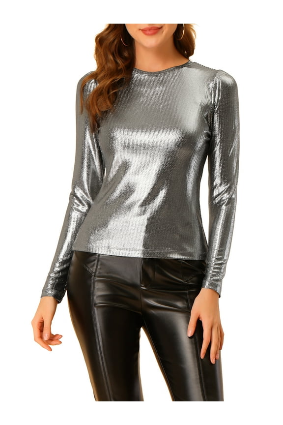 Women's Shiny Top Long Sleeve Round Neck Regular Fit Sparkly Evening Blouse S Black Silver
