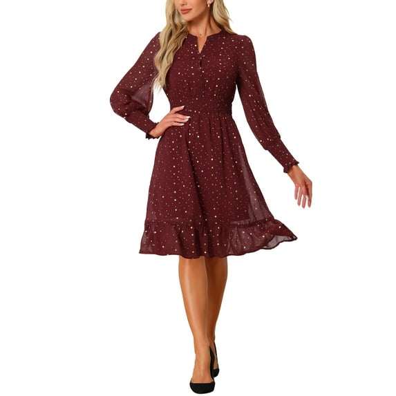 INSPIRE CHIC Women's Metallic Star Dress V Neck Smocked Waist A-Line Lantern Sleeve Dress M Burgundy-Star