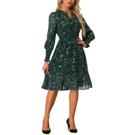 INSPIRE CHIC Women's Metallic Star Dress V Neck Smocked Waist A-Line Lantern Sleeve Dress XS Dark Green-Floral