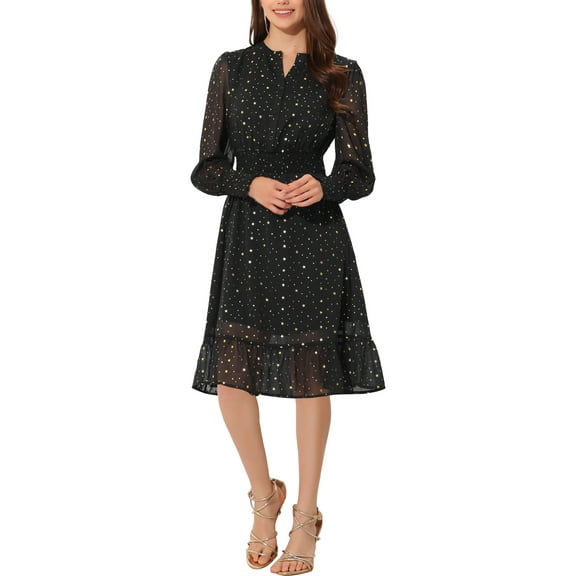 INSPIRE CHIC Women's Metallic Star Dress V Neck Smocked Waist A-Line Lantern Sleeve Dress XS Black-Star