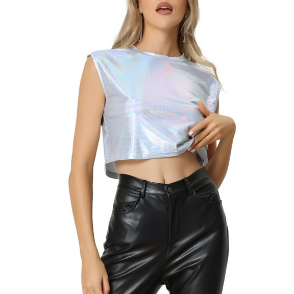 INSPIRE CHIC Metallic Tank Top for Women's Round Neck Party Sleeveless Holographic Crop Top L Silver-Plaid