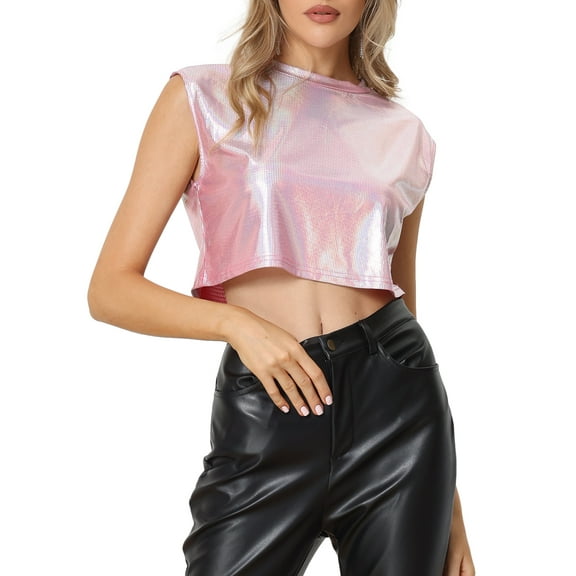 INSPIRE CHIC Metallic Tank Top for Women's Round Neck Party Sleeveless Holographic Crop Top XS Pink-Plaid