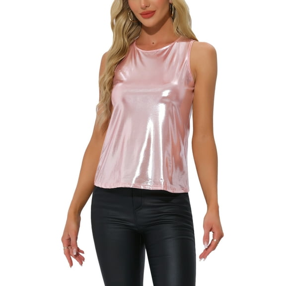 INSPIRE CHIC Metallic Tank Top for Women's Sleeveless Club Party Shiny Shirt M Rose Pink