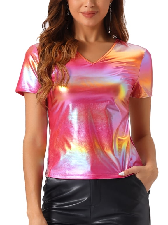 Women's Halloween Top Party V Neck Short Sleeve Glitter Shiny Metallic Top M Pink