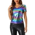 thumbnail image 1 of INSPIRE CHIC Women's Top Party V Neck Short Sleeve Glitter Shiny Metallic Top XS Blue Pink, 1 of 6