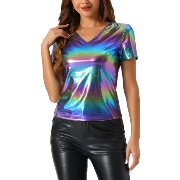 INSPIRE CHIC Women's Top Party V Neck Short Sleeve Glitter Shiny Metallic Top XS Blue Pink