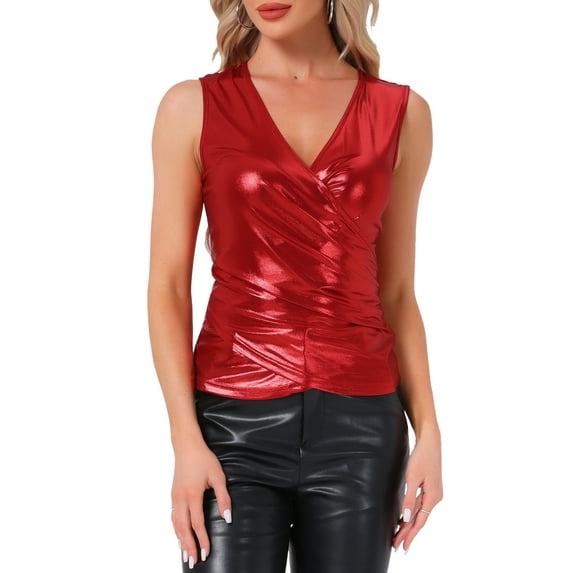 INSPIRE CHIC Metallic Wrap Top for Women's Party Club Sleeveless V Neck Lightweight Ruched Tank Tops XS Red