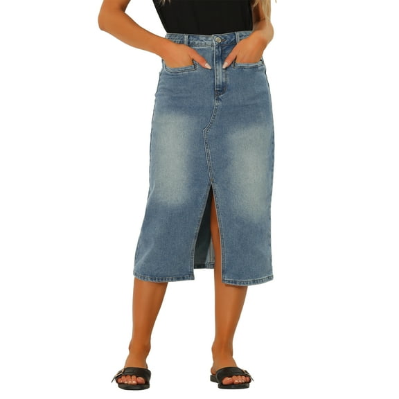 INSPIRE CHIC Midi Denim Skirt for Women’s High Waist Slit Front with Pockets Jean Skirts