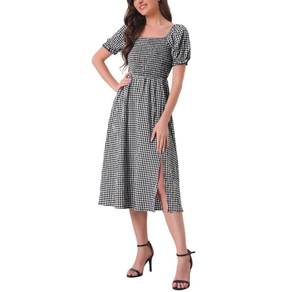 INSPIRE CHIC Women's Midi Dress Puff Short Sleeves Smocked Checks Gingham Dresses Black L
