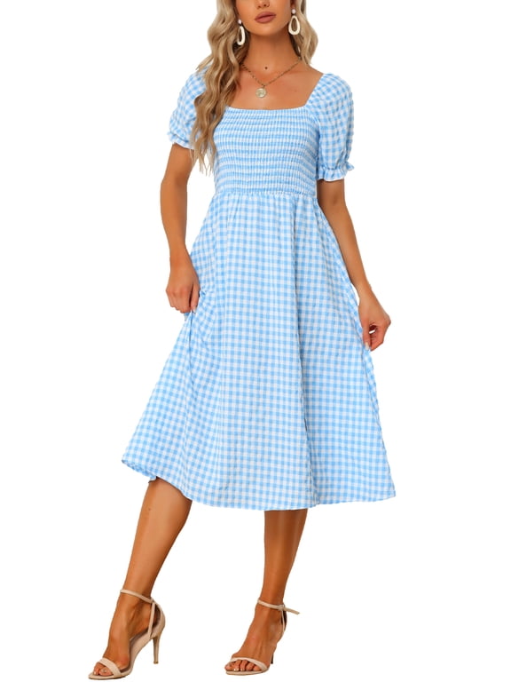 Women's Gingham Midi Dress Square Neck Puff Sleeve Smocked Waist with Side Slit Light Blue L