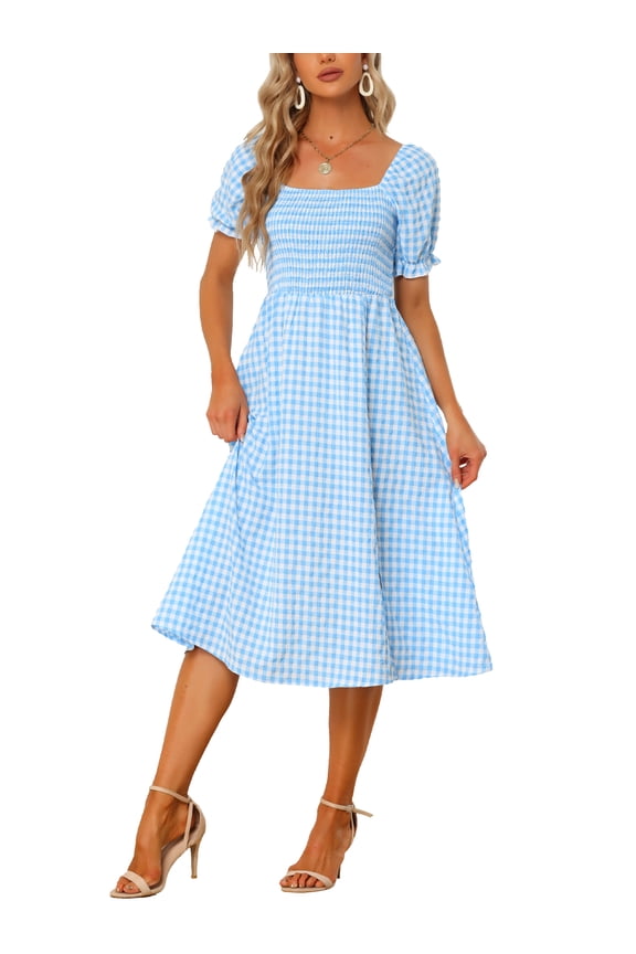 Women's Midi Dress Puff Short Sleeves Smocked Checks Gingham Dresses Light Blue L