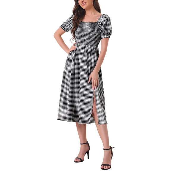 INSPIRE CHIC Women's Midi Dress Puff Short Sleeves Smocked Checks Gingham Dresses S Black