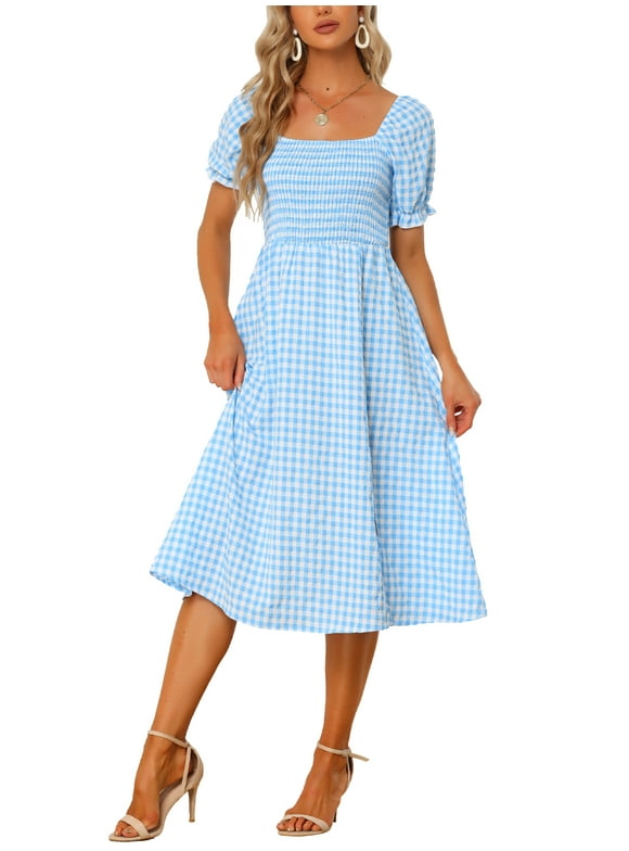 Women's Midi Dress Puff Short Sleeves Smocked Checks Gingham Dresses S Light Blue