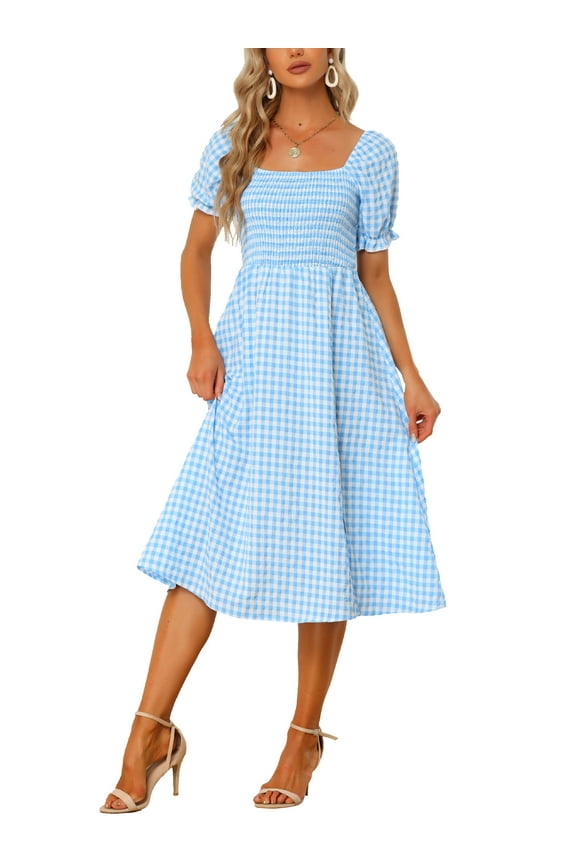 Women's Midi Dress Puff Short Sleeves Smocked Checks Gingham Dresses S Light Blue