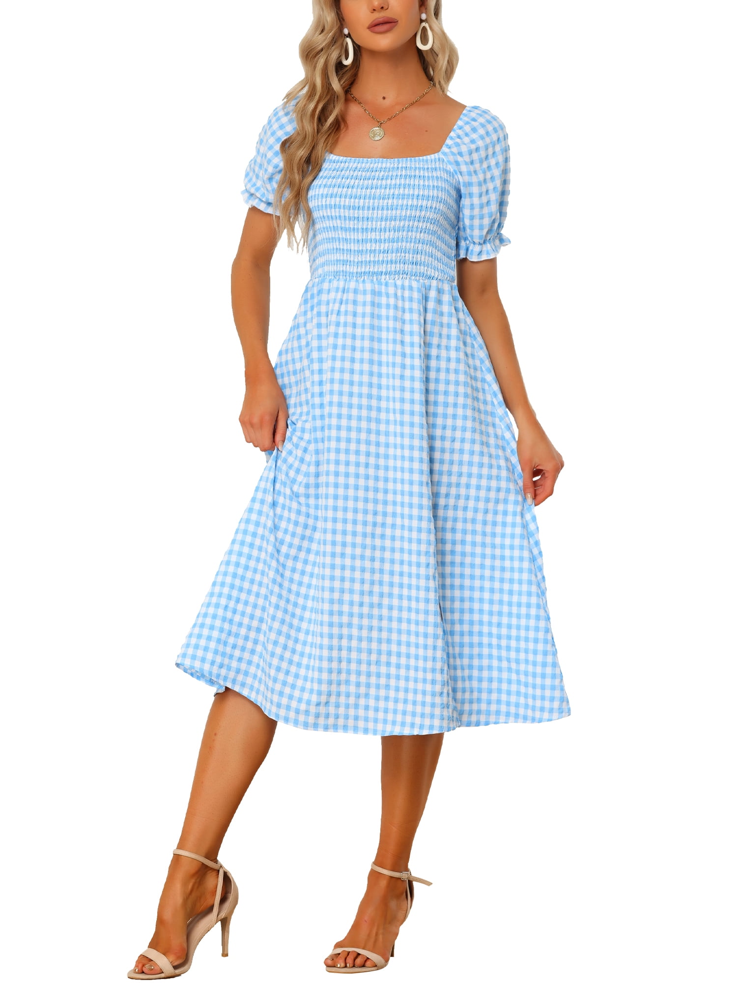 Inspire Chic Women's Midi Dress Puff Short Sleeves Smocked Checks Gingham Dresses Light Blue XL