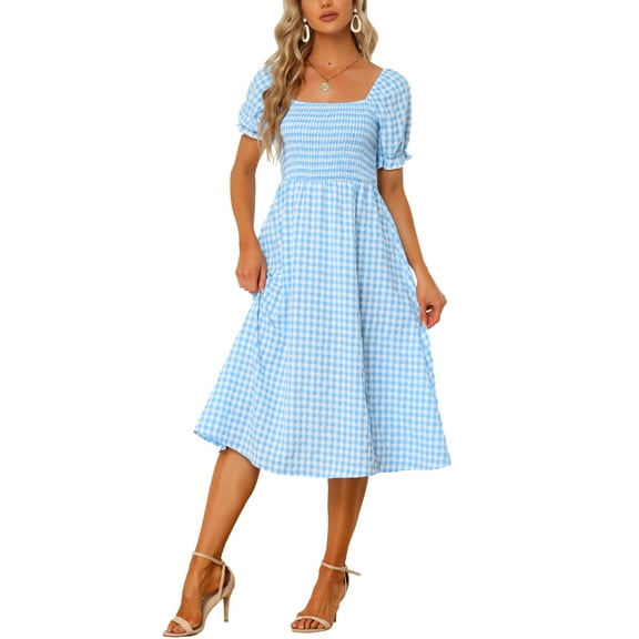 INSPIRE CHIC Women's Midi Dress Puff Short Sleeves Smocked Checks Gingham Dresses XS Light Blue