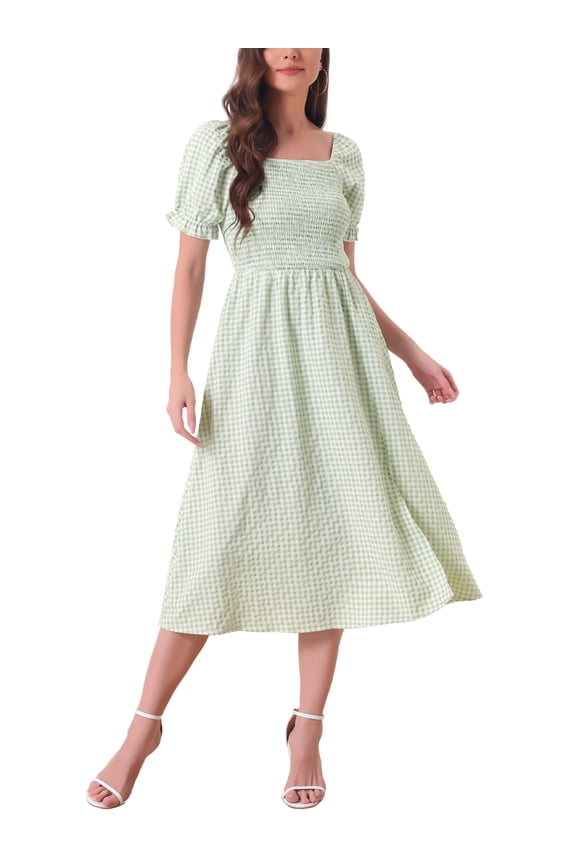 Women's Gingham Midi Dress Square Neck Puff Sleeve Smocked Waist with Side Slit Light Green XS