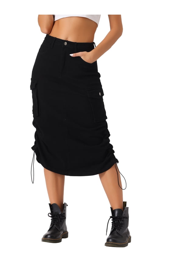 Women's Cargo Denim Skirt Drawstring High Waisted Maxi Jean Skirt Black L