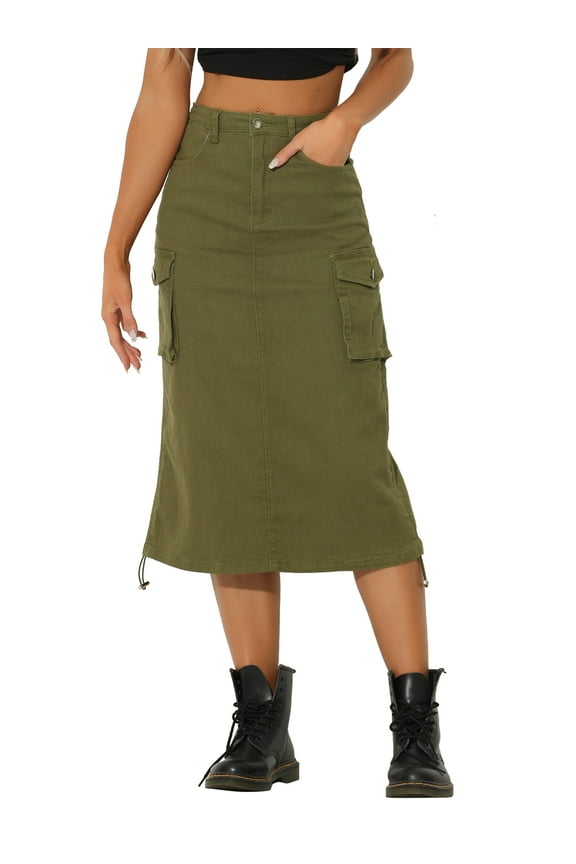 Midi Skirt for Women's Flap Pocket Back Slit Drawstring Cargo Skirt XL Army Green