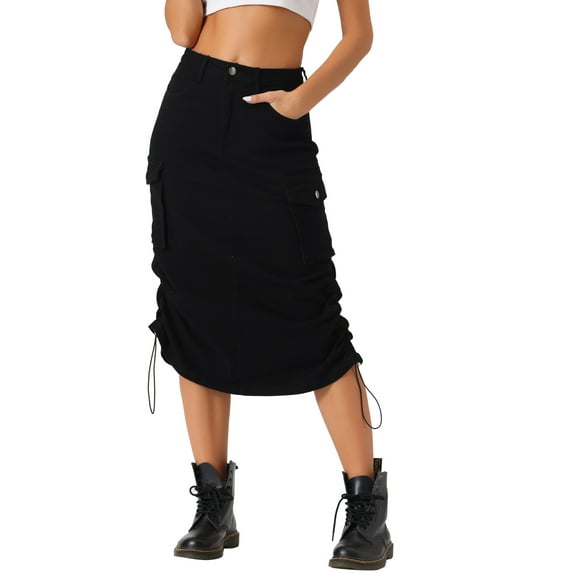 INSPIRE CHIC Midi Skirt for Women's Flap Pocket Back Slit Drawstring Cargo Skirt XL Black
