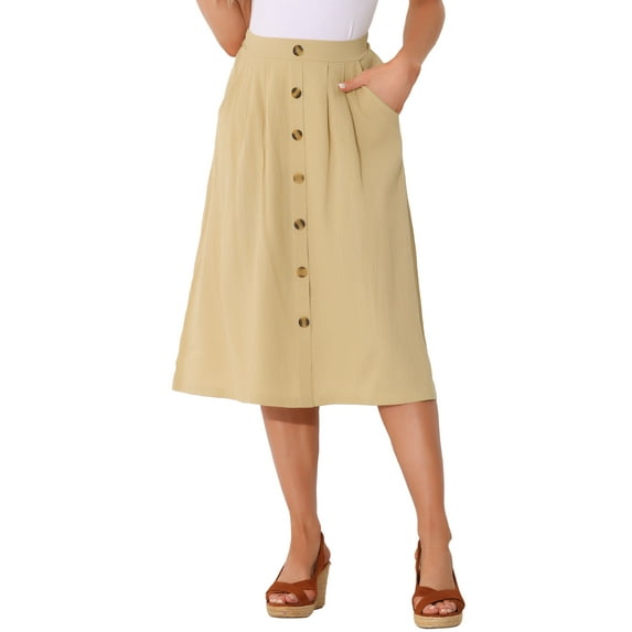 INSPIRE CHIC Midi Skirts for Women Casual High Elastic Waist Button Pleated a Line Skirts Dress with Pockets M Khaki